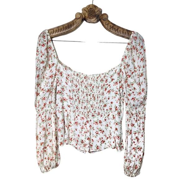 Reformation Cera Top White Red Floral Long Sleeve Button Front Sweetheart Neck 8 - Picture 3 of 13